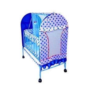 Blue baby swing cradle with mosquito net, foldable design, and comfy bedding