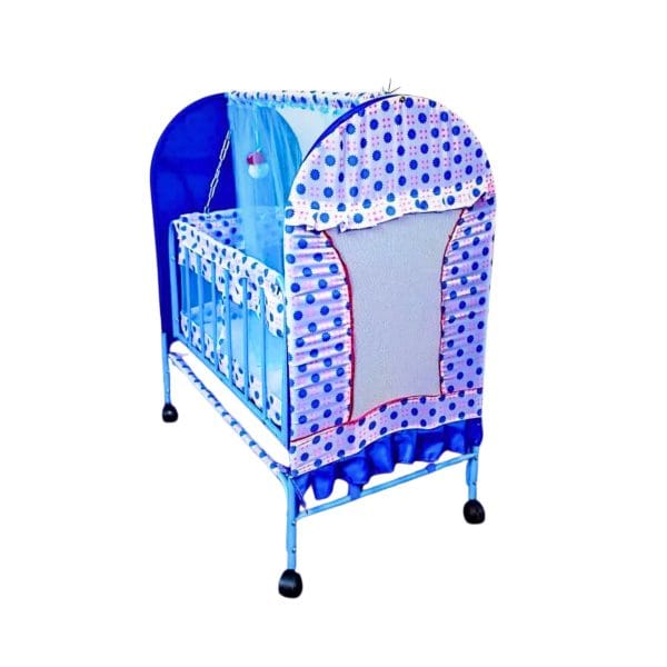 Blue baby swing cradle with mosquito net, foldable design, and comfy bedding
