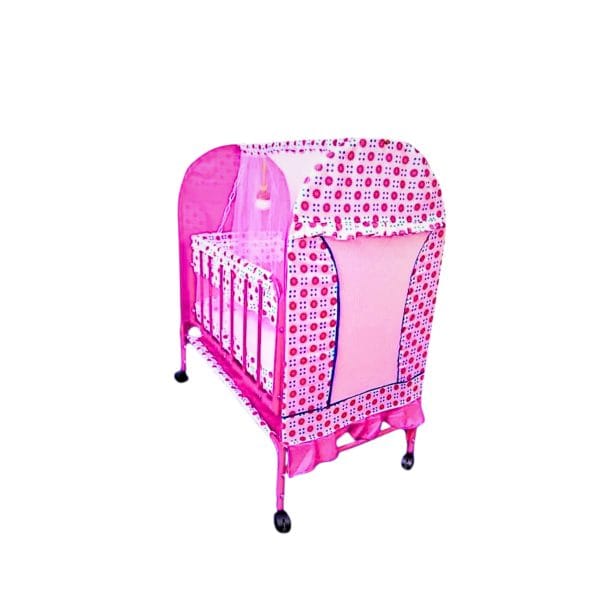 Pink baby swing cradle with mosquito net, foldable design, and comfy bedding