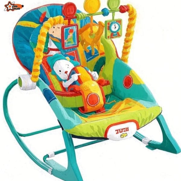 Colorful baby bouncer rocker with toy bar, vibration and music feature – perfect for infants and toddlers