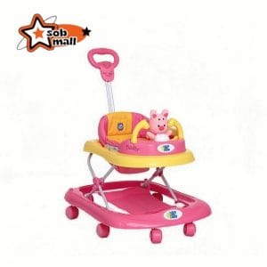 Multifunction baby walker with push handle, music toy, and safety seat – pink and yellow walker for babies