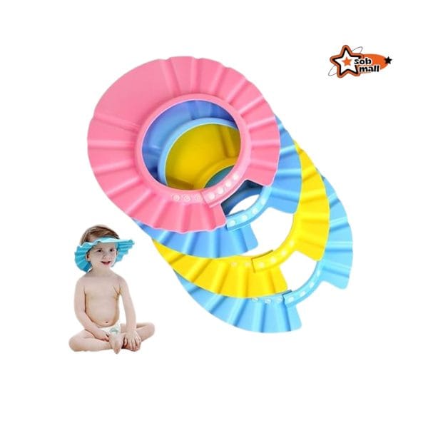 Baby shampoo cap protecting infant’s eyes and ears during bath time, soft adjustable EVA foam cap