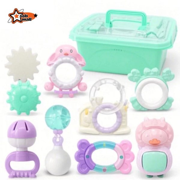 Baby rattle toy set with pastel colors and green storage box – available at sobmall.com