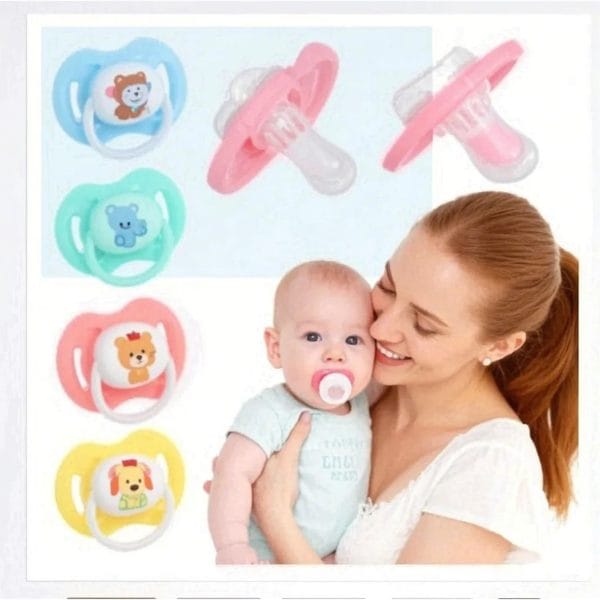 A happy baby using a nontoxic silicone newborn pacifier orthodontic BPA-free