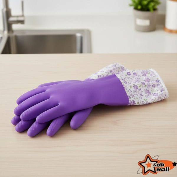 Waterproof rubber cleaning gloves with long cuff design for kitchen dishwashing and household cleaning